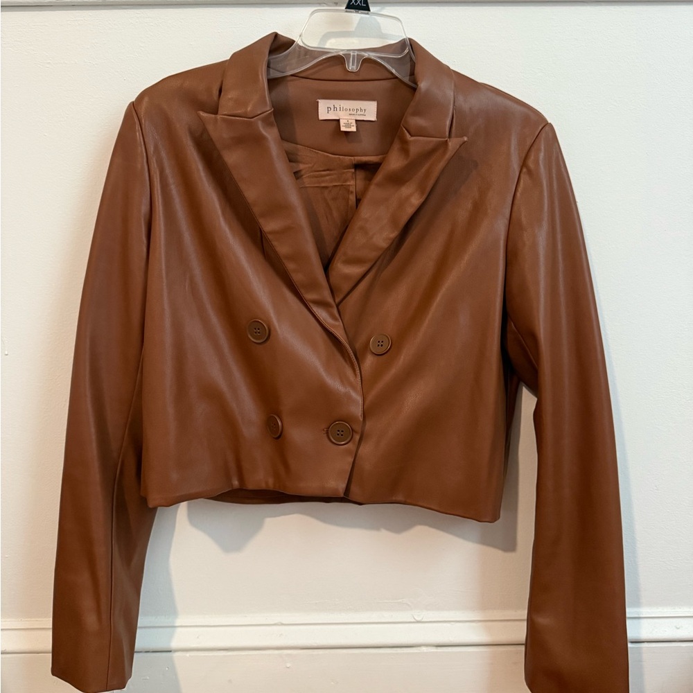 Philosophy Cropped Faux Leather Double-Breasted Blazer - Chestnut Brown